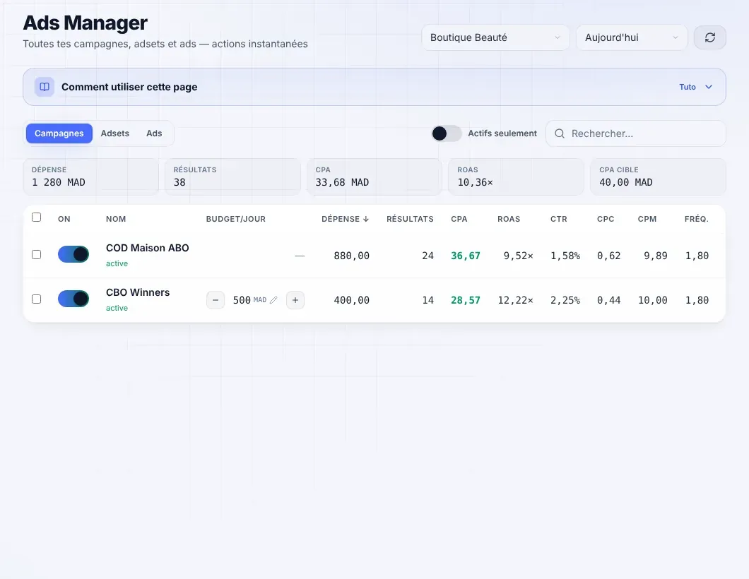 Ads Manager NightBuyer avec budgets et CPA
